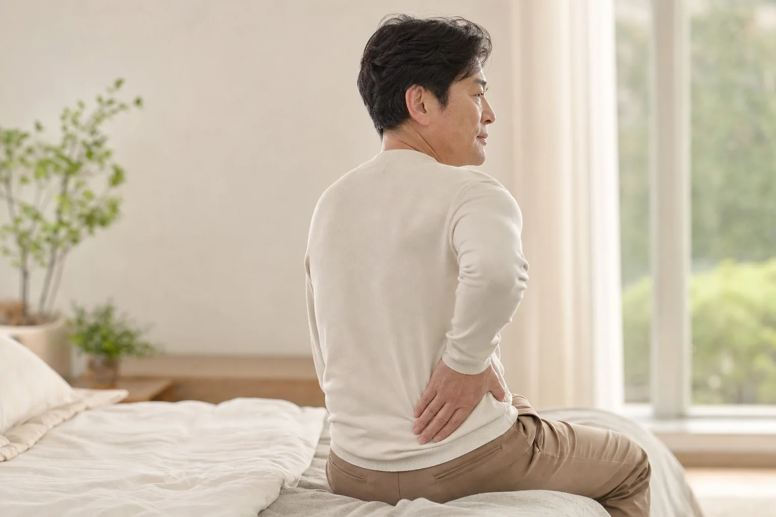 허리 부위를 짚고 앉아 있는 중년 남성