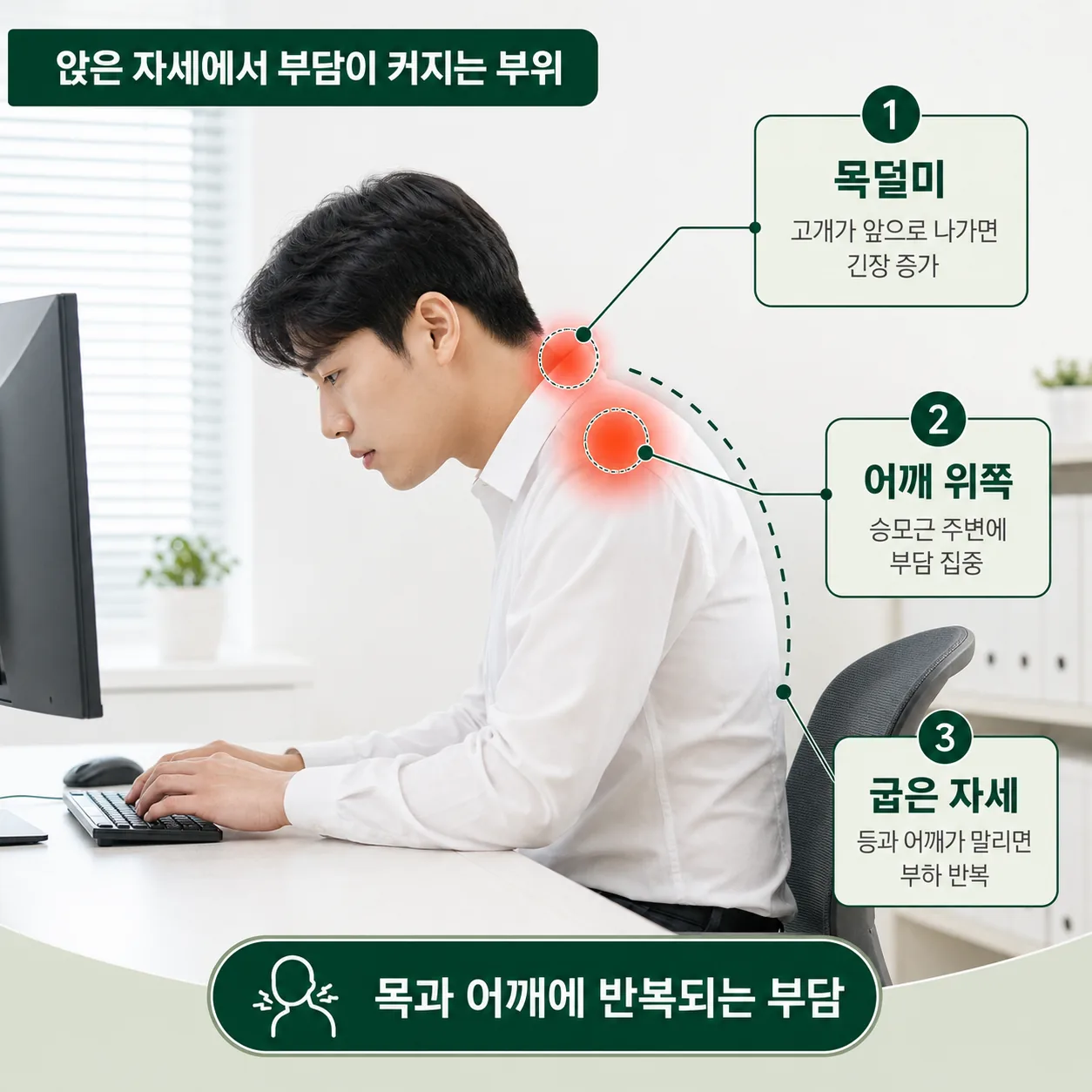 사무직 앉은 자세의 어깨 부하 지점