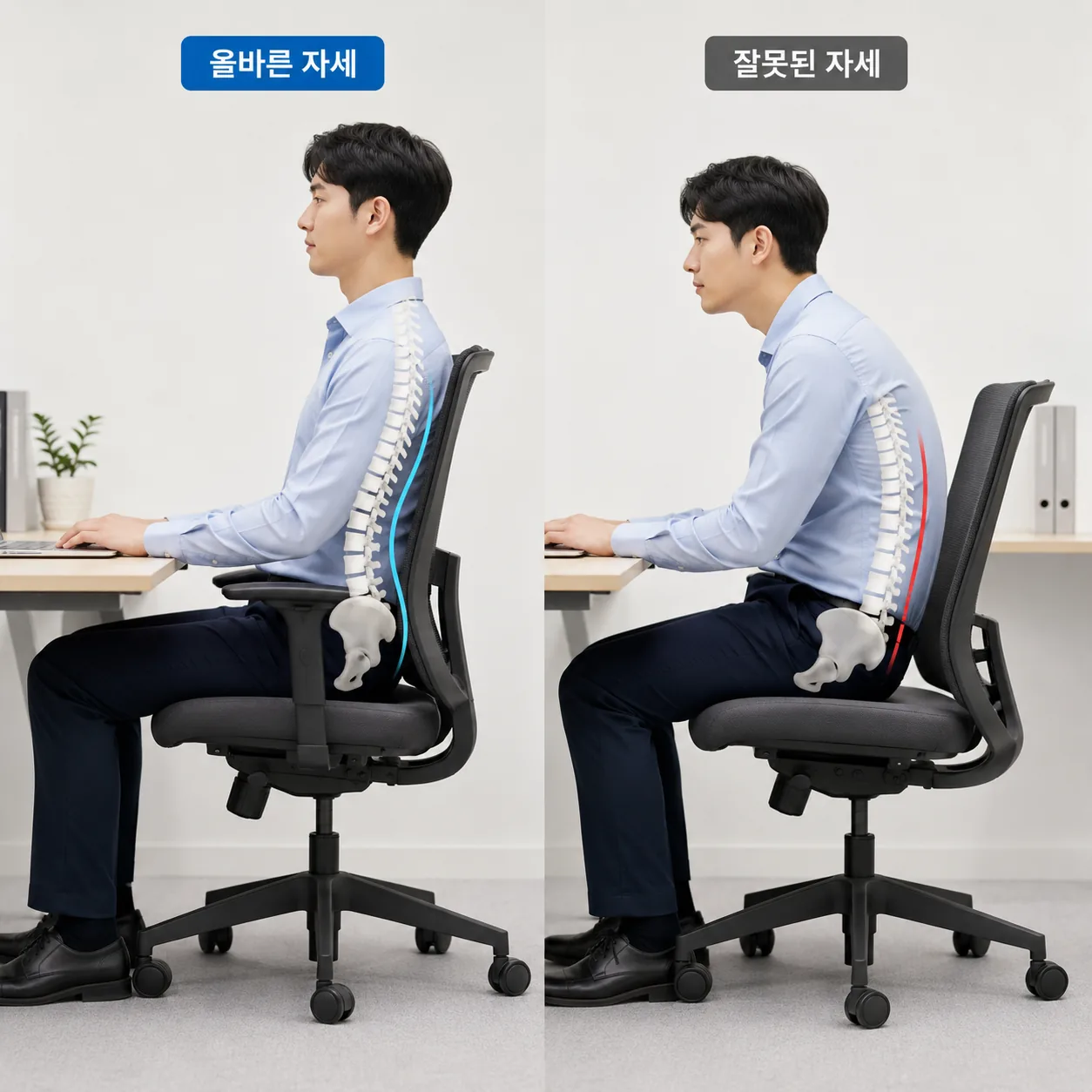 오래 앉아있으면 허리 통증이 생기는 앉은 자세별 허리 곡선 비교