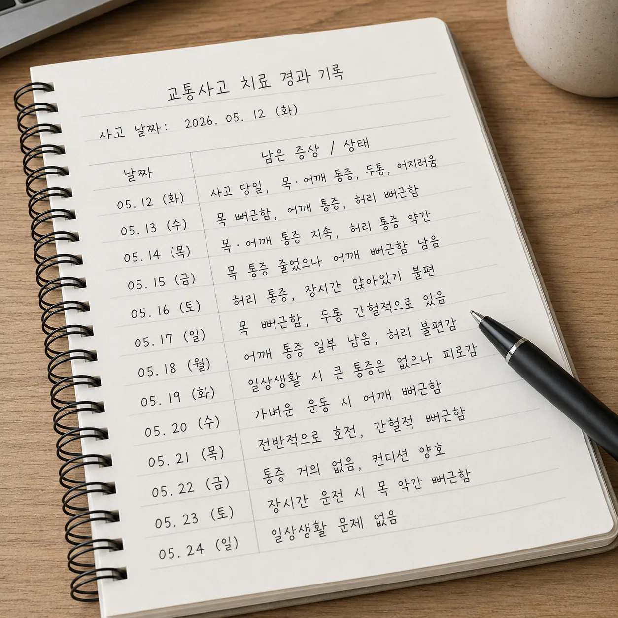 교통사고 합의 전 치료 경과를 날짜별로 기록한 메모