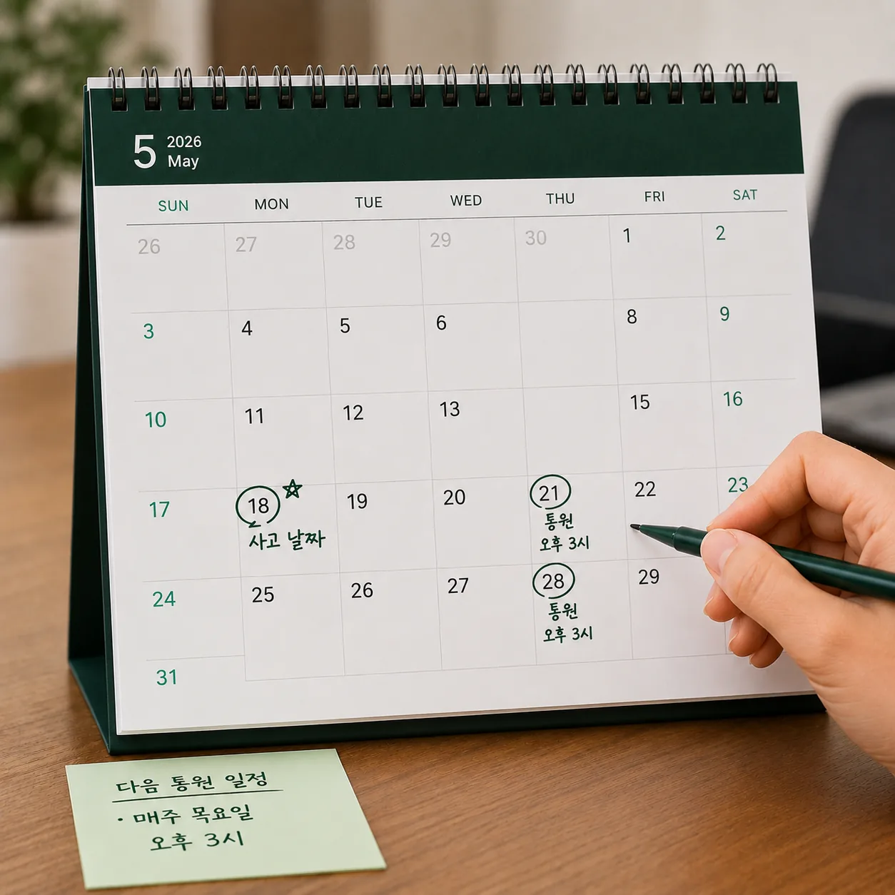 교통사고 통원치료 다음 예약과 4주 시점을 달력에 표시하는 모습
