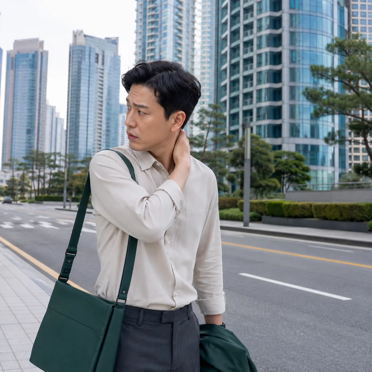 마린시티에서 목 통증으로 고개가 끝까지 돌아가지 않는 모습