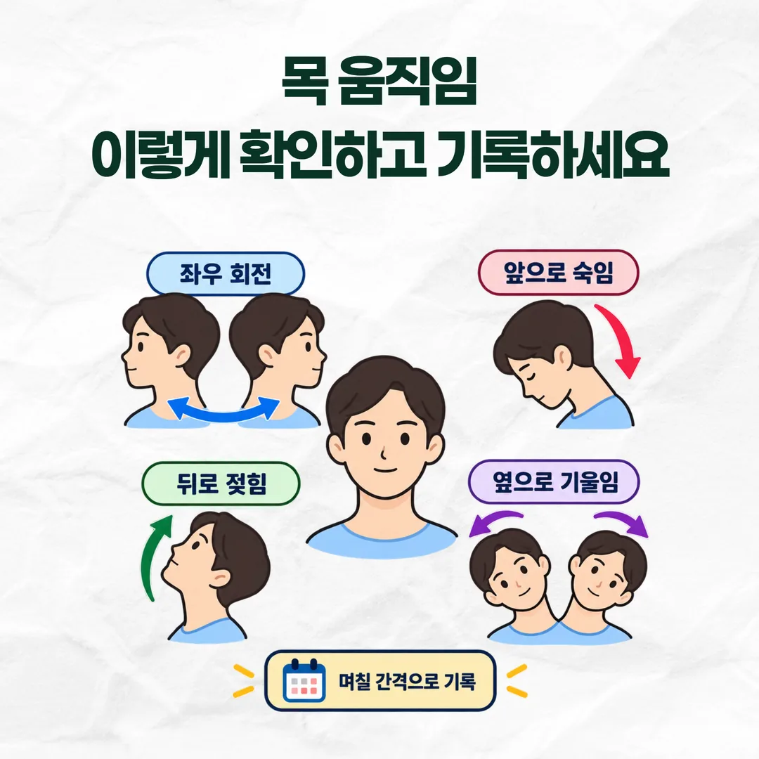 목의 회전·굴곡·신전·측굴 방향과 각도를 며칠 간격으로 기록하는 방법을 나타낸 도해