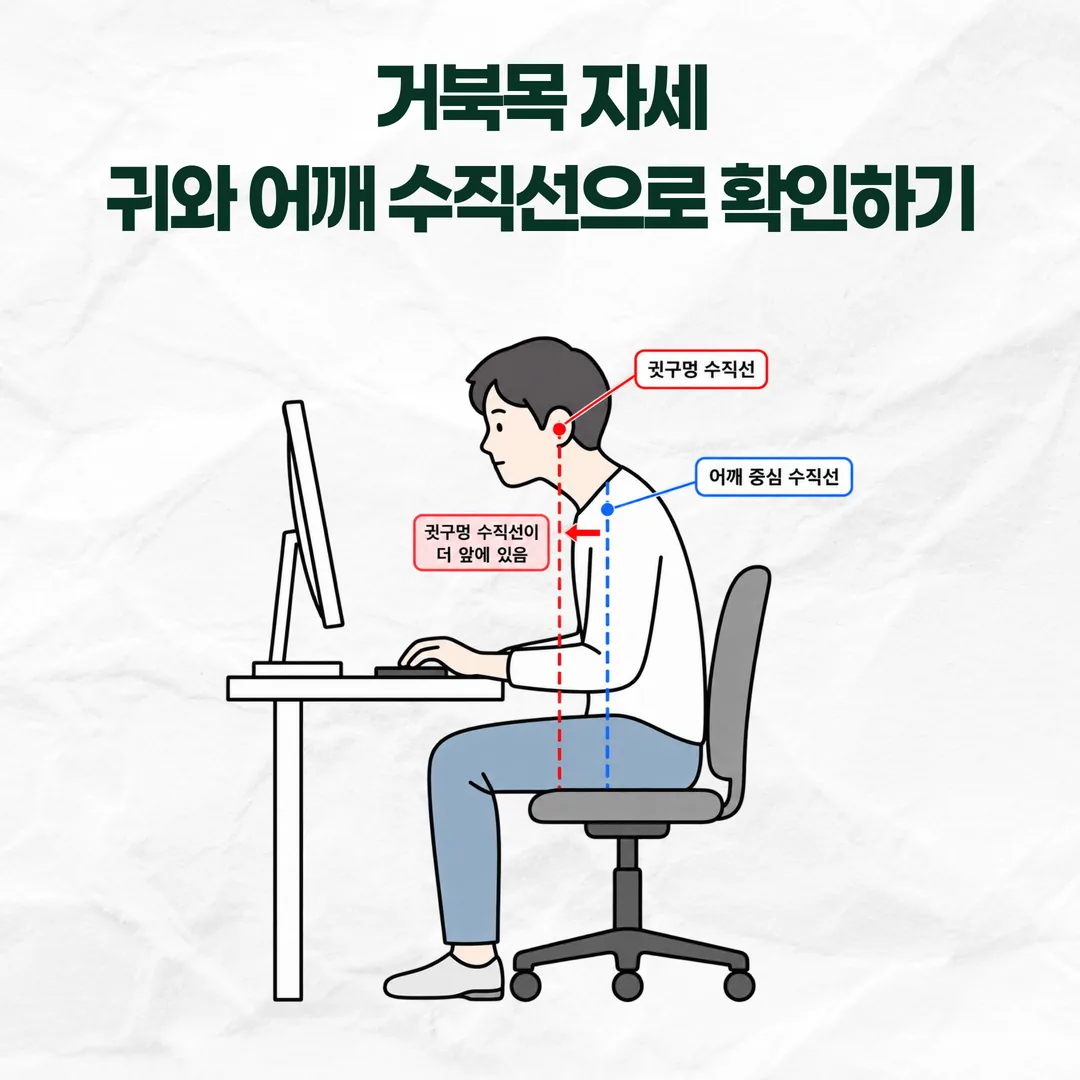 귓구멍 수직선이 어깨 중심 수직선보다 앞에 놓인 거북목 자세를 표시한 자가 확인 개념도