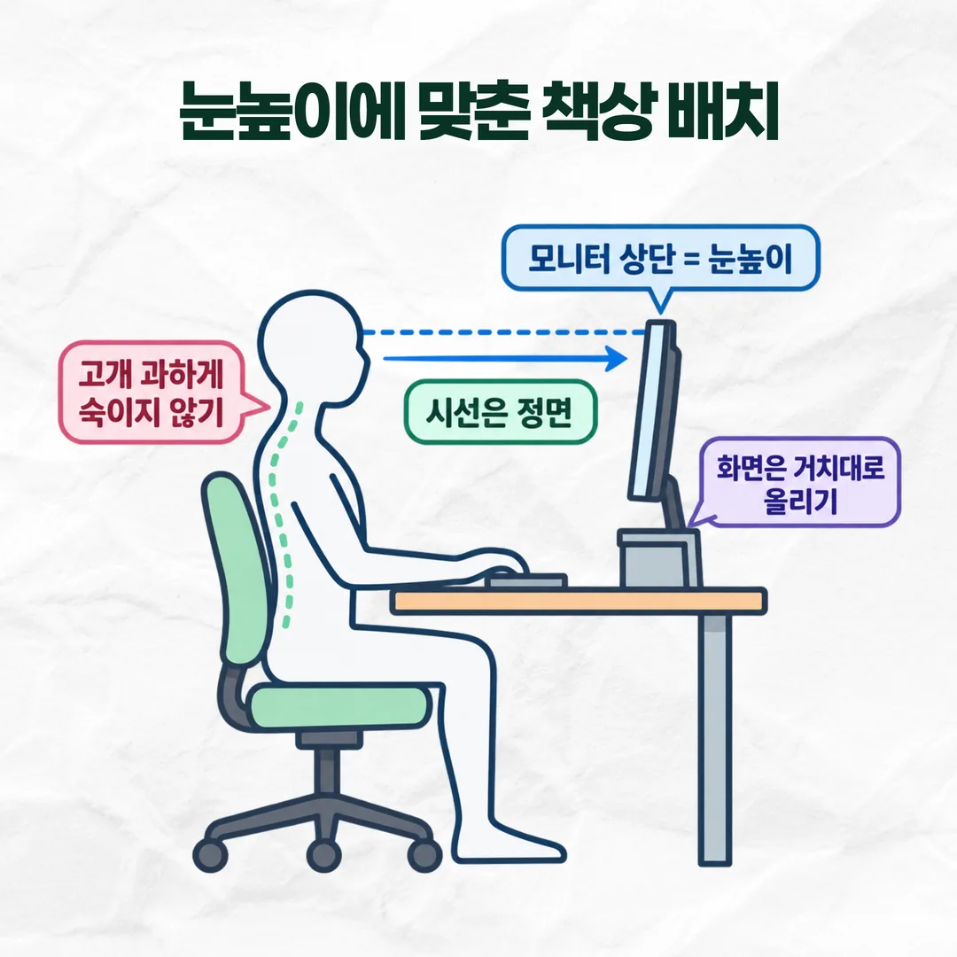 모니터 상단을 눈높이에 맞춘 책상 배치와 시선 방향을 표시한 도해
