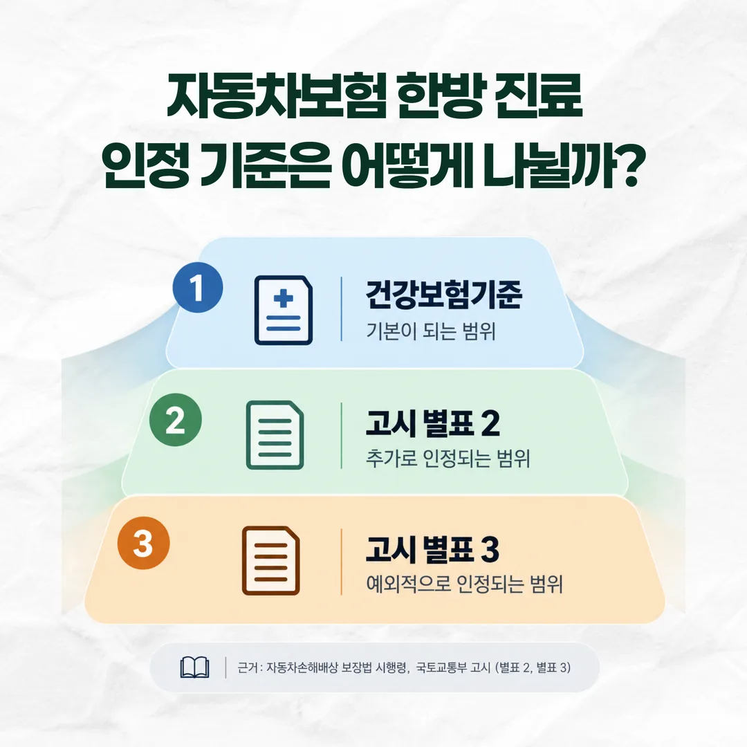자동차보험 한방 진료수가 인정 범위의 세 층 구조 개념도