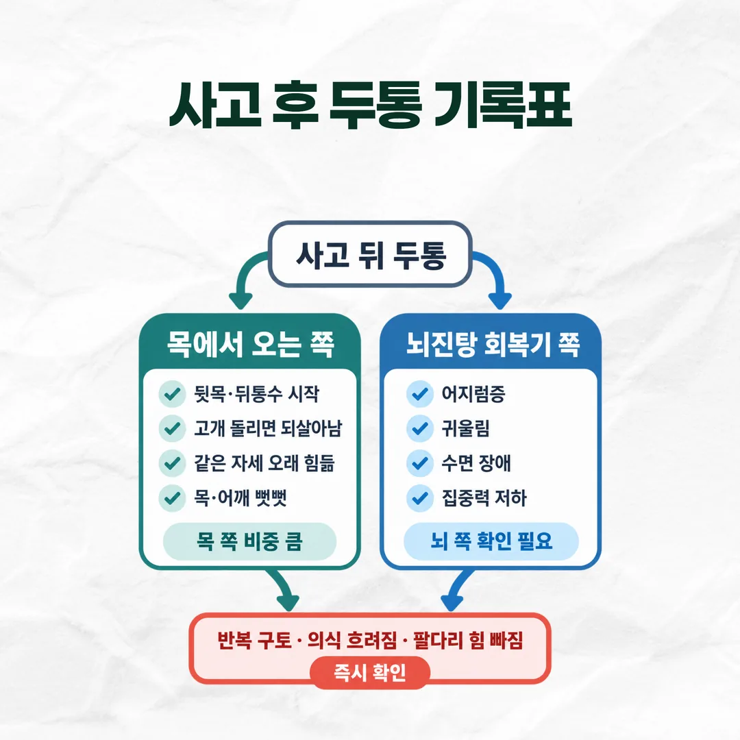 사고 후 두통을 목 기원과 뇌진탕 회복기로 가르는 감별 흐름도