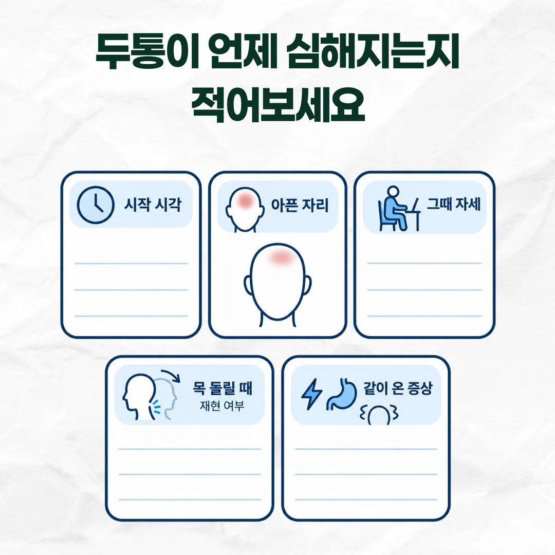 사고 후 두통을 사흘간 적는 다섯 칸짜리 기록표 서식