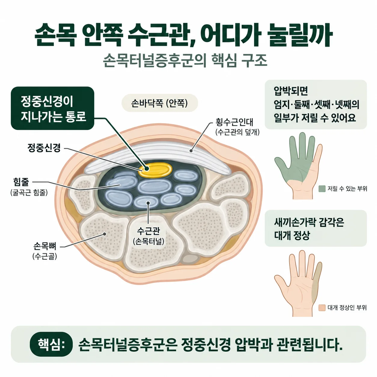 손목 수근관과 그 안을 지나는 정중신경의 위치를 나타낸 그림