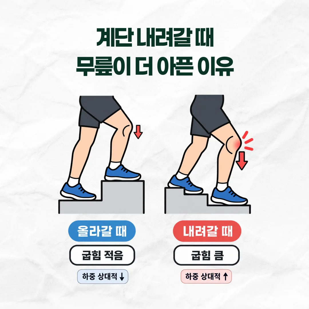 계단을 올라갈 때와 내려갈 때 무릎에 실리는 힘의 차이를 비교한 도식