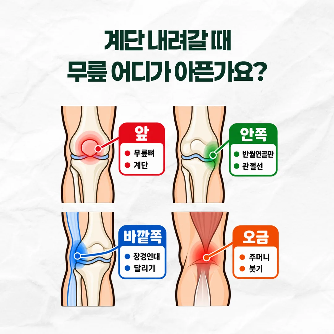 무릎 앞쪽 안쪽 바깥쪽 오금 네 구역으로 나눈 통증 위치 도식