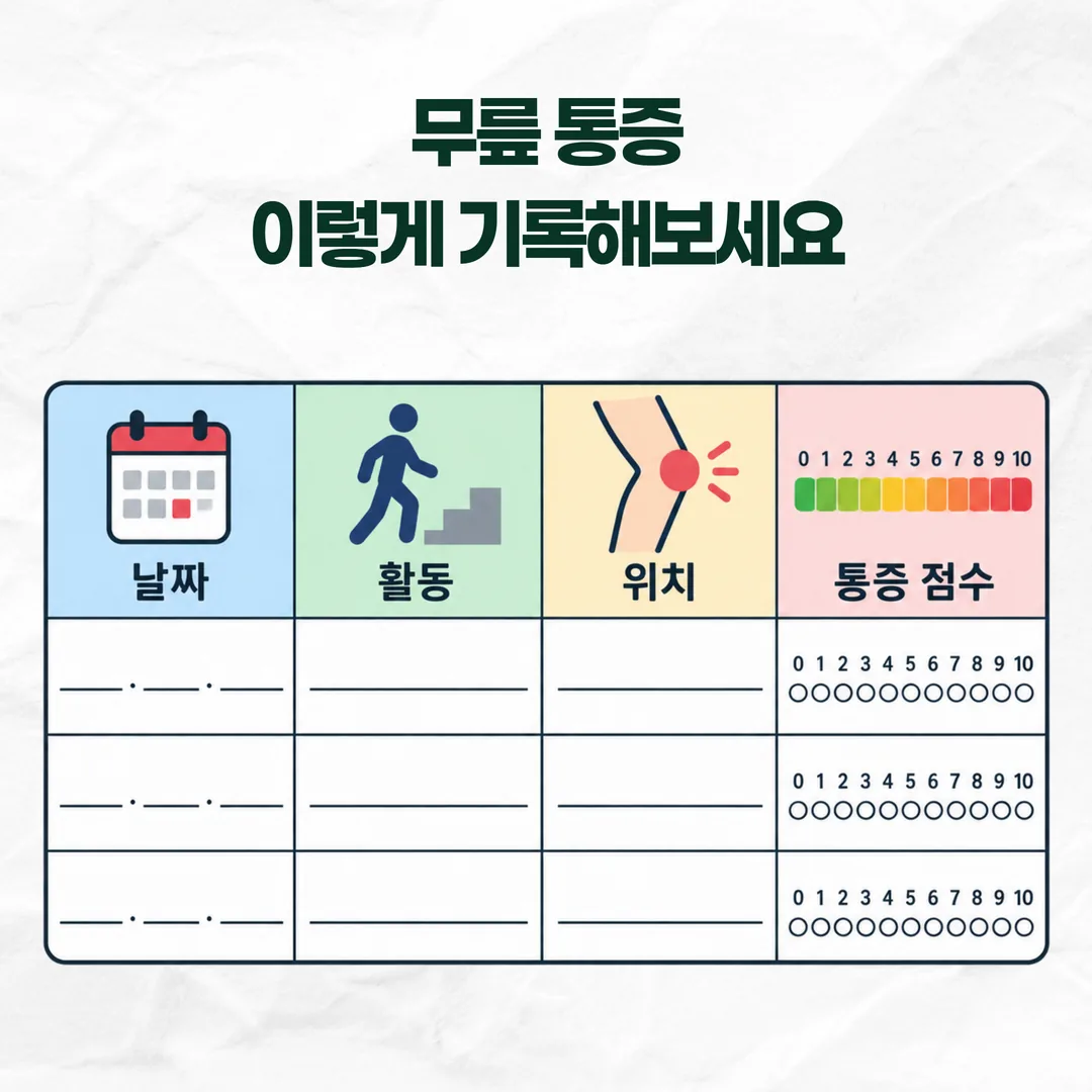 날짜와 활동, 아픈 위치, 통증 점수를 한 줄씩 적는 무릎 통증 기록표 예시