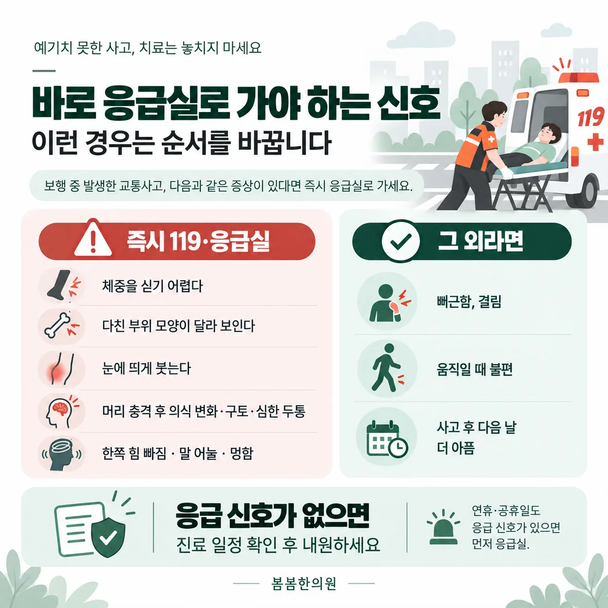 교통사고 후 바로 응급실로 가야 하는 신호와 그 외의 경우를 나눈 갈림표