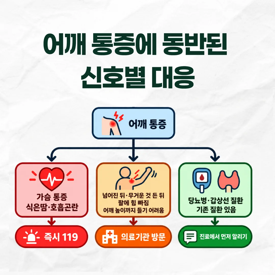 어깨 통증에 동반된 신호별 대응 순서 도식