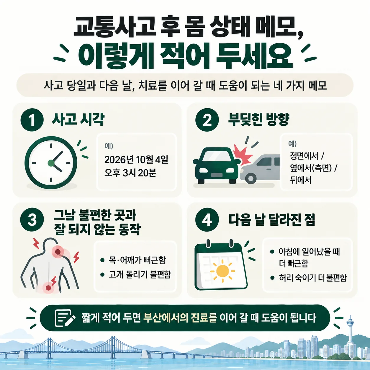 교통사고 당일과 다음 날 적어 둘 몸 상태 메모 네 칸 예시