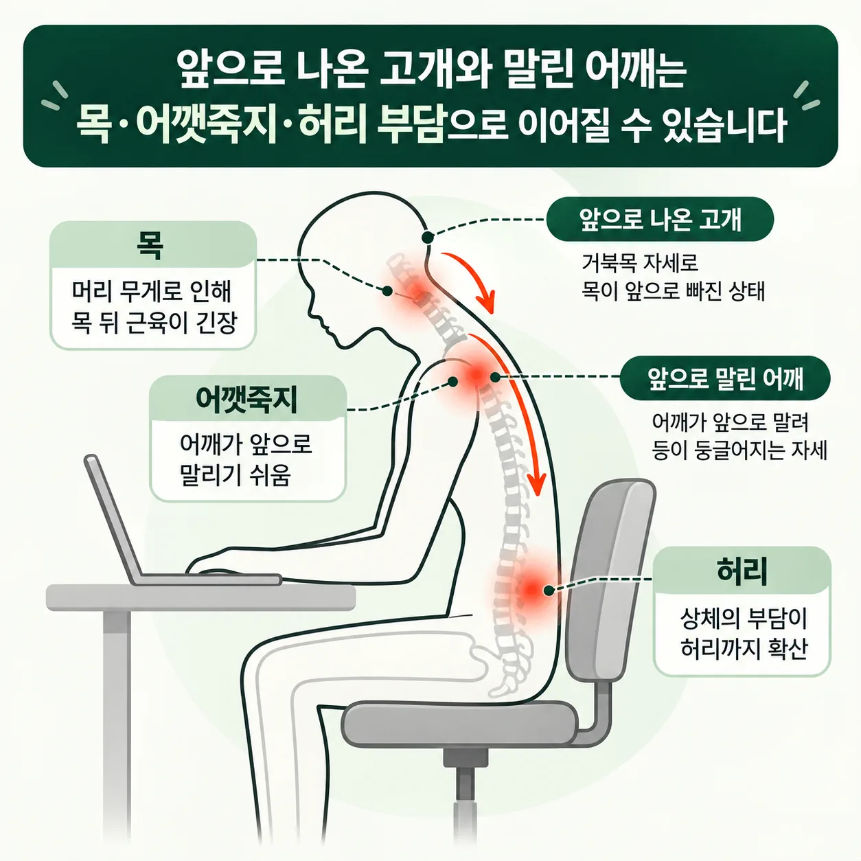 고개가 앞으로 나온 앉은 자세에서 목, 어깻죽지, 허리로 부담이 이어지는 개념도