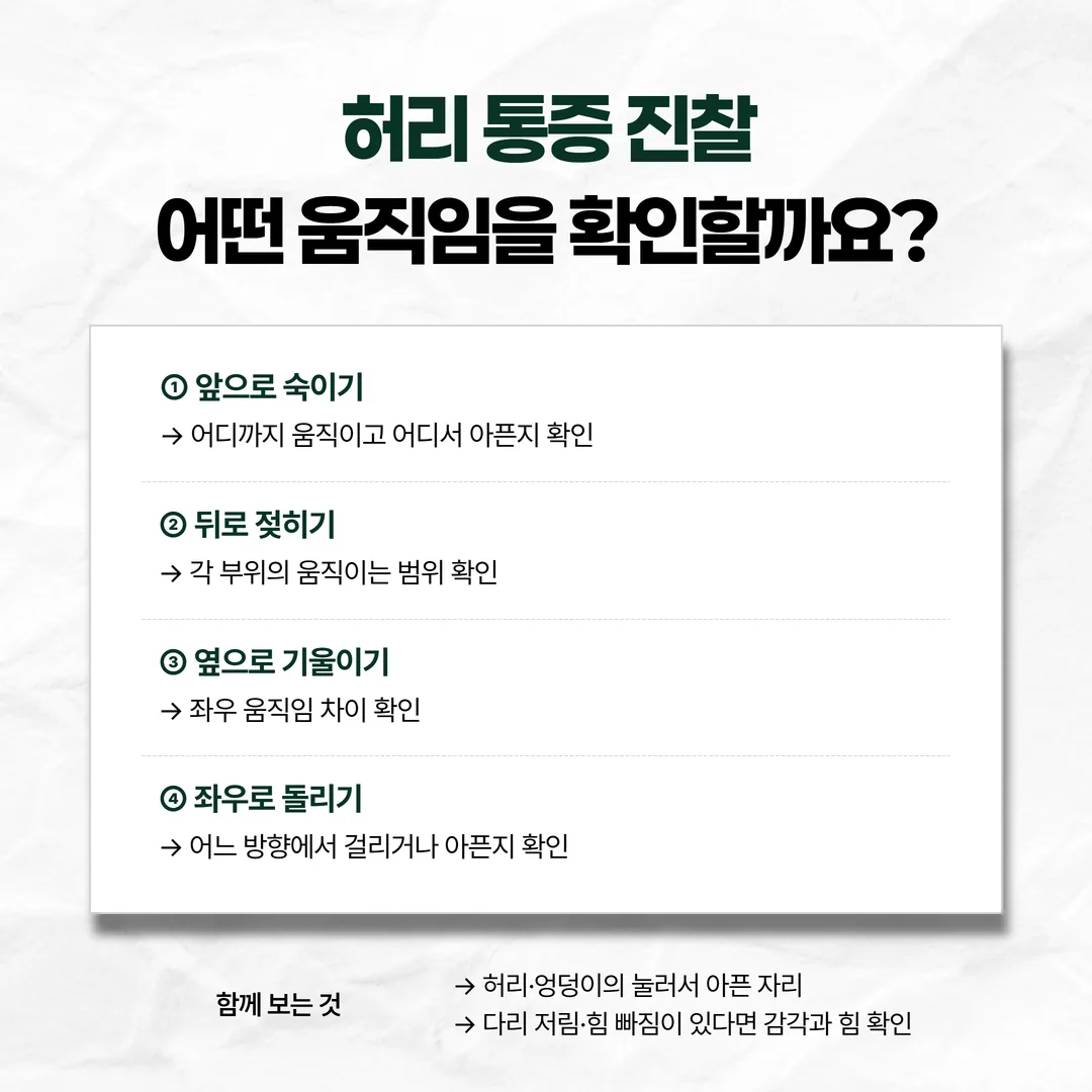 교통사고 허리통증 진찰에서 동작, 움직임, 누르는 자리, 다리 쪽 감각을 차례로 살피는 순서도