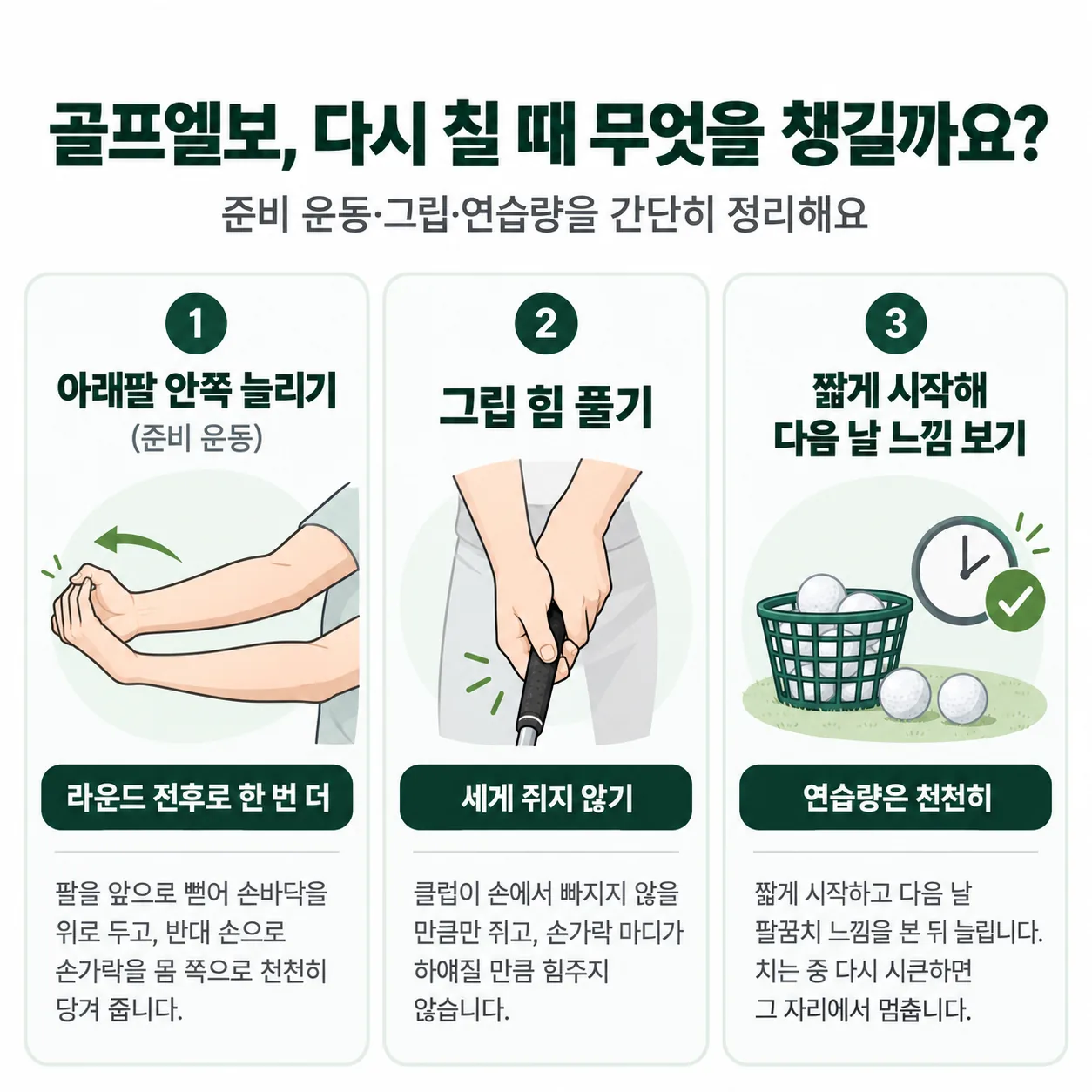 골프엘보 뒤 다시 칠 때 챙길 준비 운동 그립 연습량 정리 그림