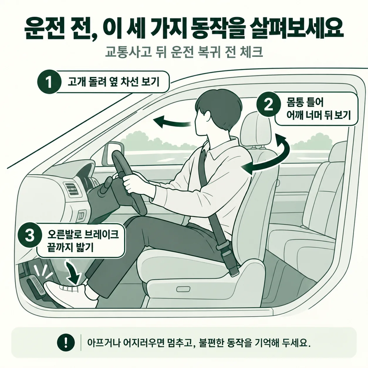 교통사고 뒤 운전 전에 살펴볼 고개 돌리기와 어깨 너머 보기, 브레이크 밟기 세 동작