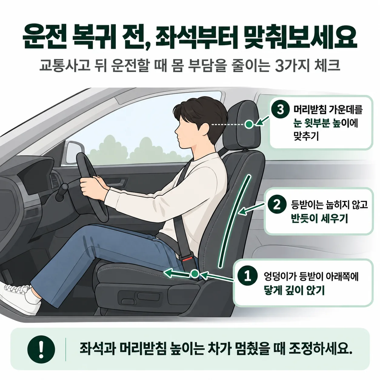 교통사고 뒤 운전 복귀 때 좌석과 등받이, 머리받침을 맞추는 세 가지 도식
