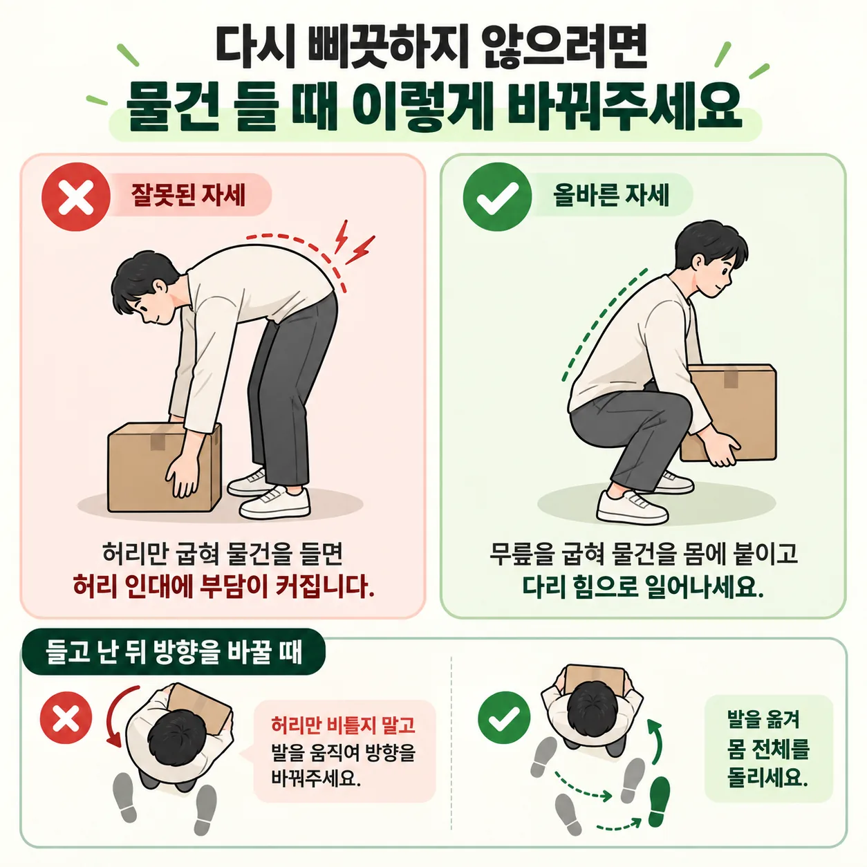 허리를 굽혀 드는 자세와 무릎을 굽혀 물건을 몸에 붙여 드는 자세 비교 안내도