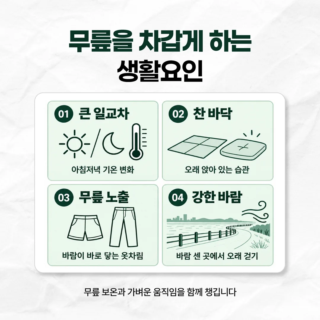 무릎 시림을 키우는 일교차와 찬 바닥, 옷차림, 바람 네 가지 생활 요인 도식