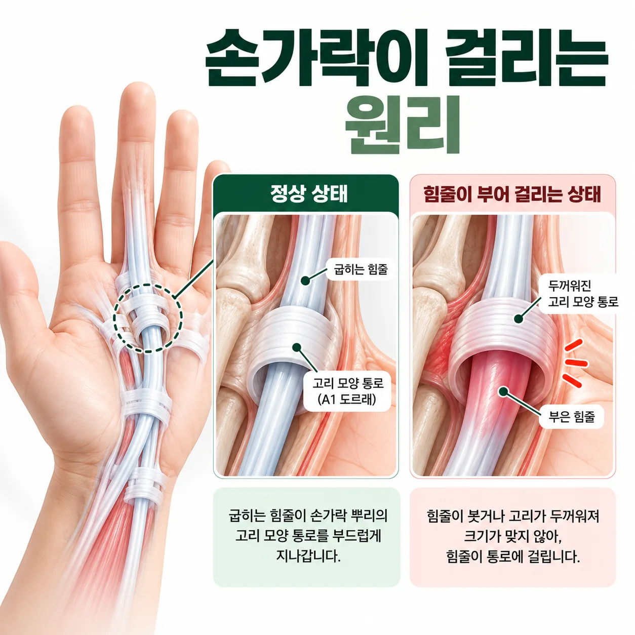 손가락 굽히는 힘줄이 손가락 뿌리의 고리 모양 통로에 걸리는 원리 도식