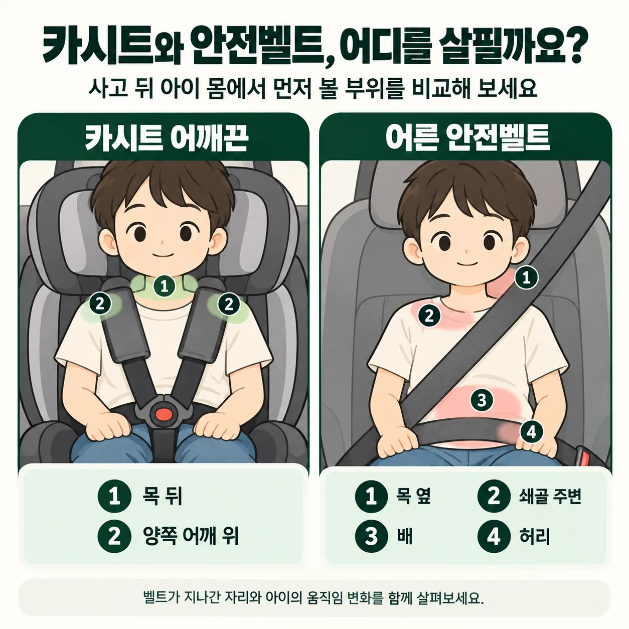 카시트 어깨끈과 어른 안전벨트를 맨 아이의 목, 어깨, 배와 허리 중 살펴볼 부위를 비교한 도식