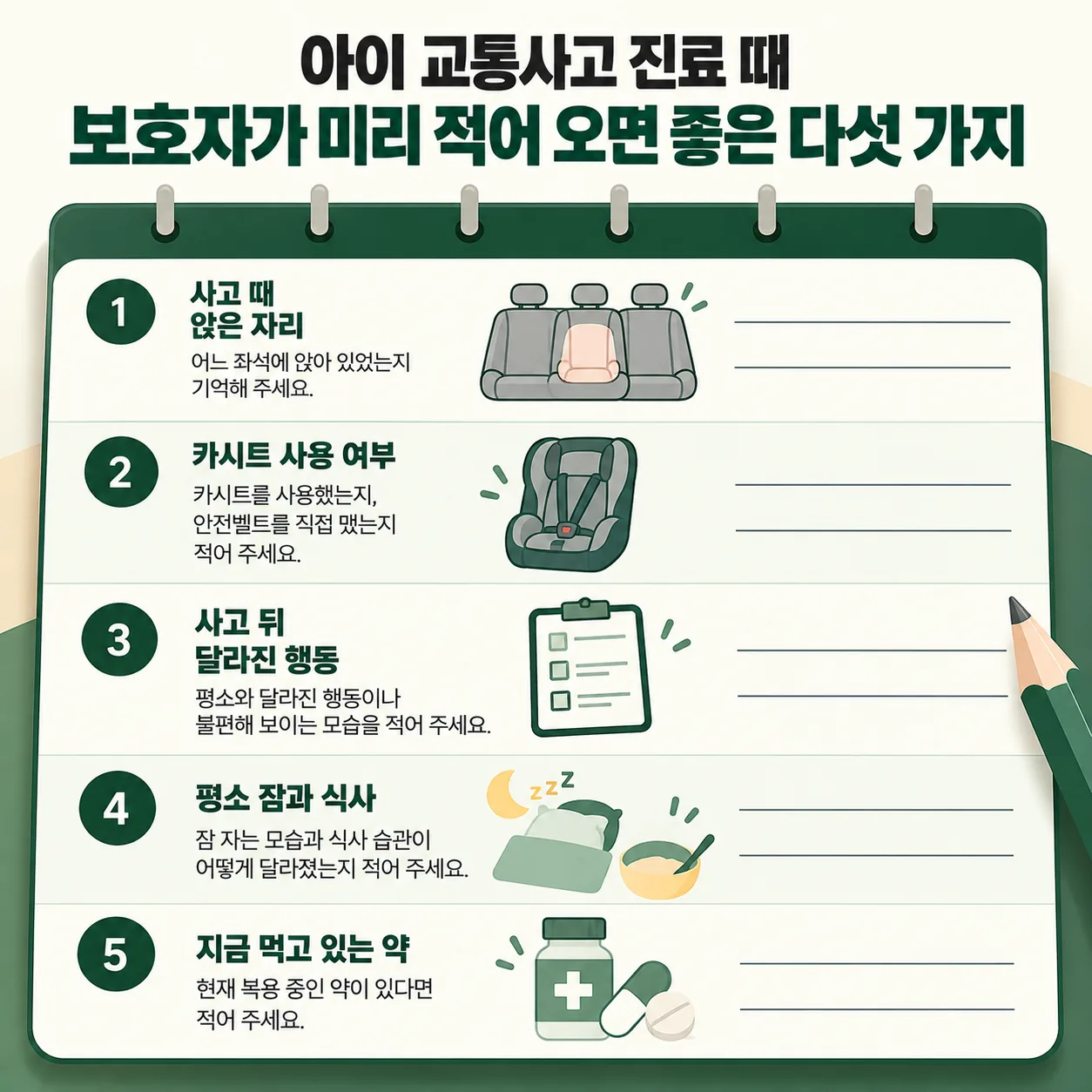 아이 교통사고 진료 때 보호자가 미리 적어 오면 좋은 다섯 가지 문진 메모